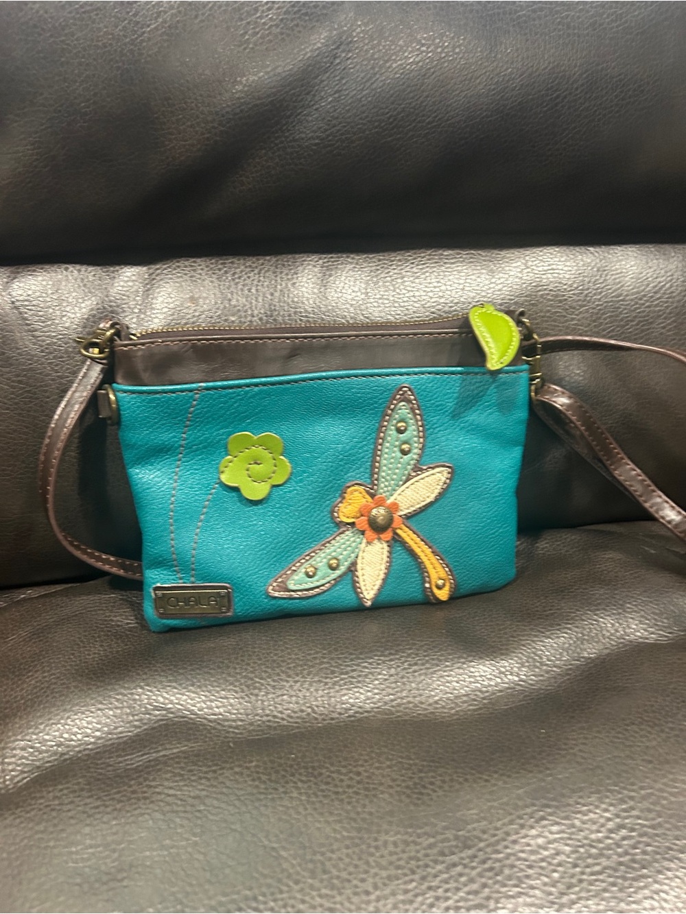 Chala Teal Crossbody with Dragonfly & Lime Flower Appliqués